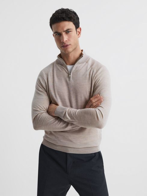 Reiss Oatmeal Sierra Merino Silk Slim Fit Zip Neck Jumper