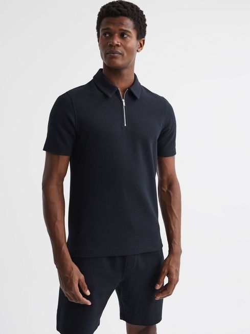 Reiss Navy Creed Slim Fit Textured Half Zip Polo Shirt