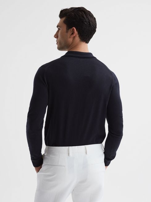 Reiss Navy Milburn Merino Wool Open Collar Polo Shirt