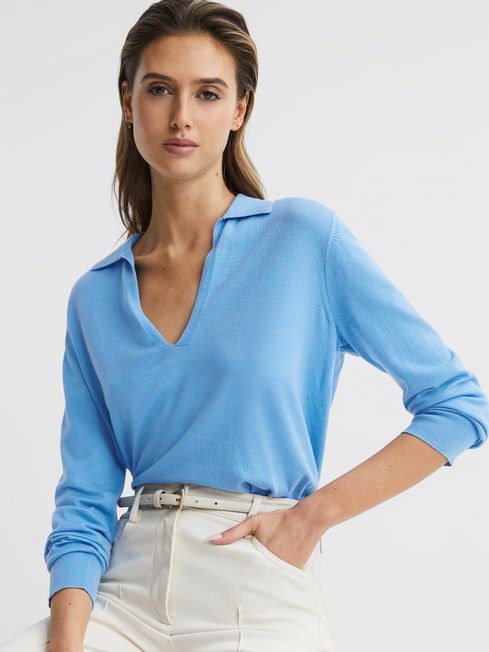Reiss Blue Nellie Knitted Collared V-Neck Top
