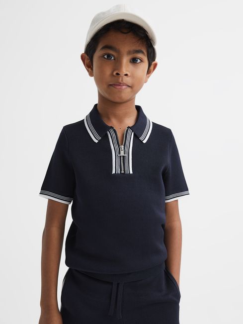 Reiss Navy Regency Junior Half-Zip Striped T-Shirt