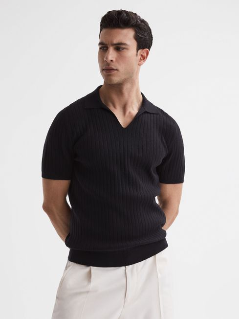 Reiss Black Felix Slim Fit Short Sleeve Open Collar Ribbed Polo Shirt