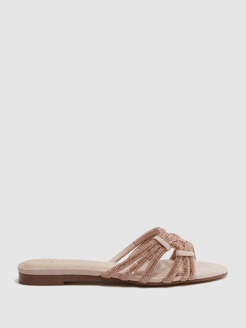 Reiss Nude Eryn Suede Embellished Flat Sandals