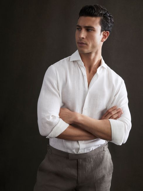 Reiss White Ruban Linen Long Sleeve Shirt