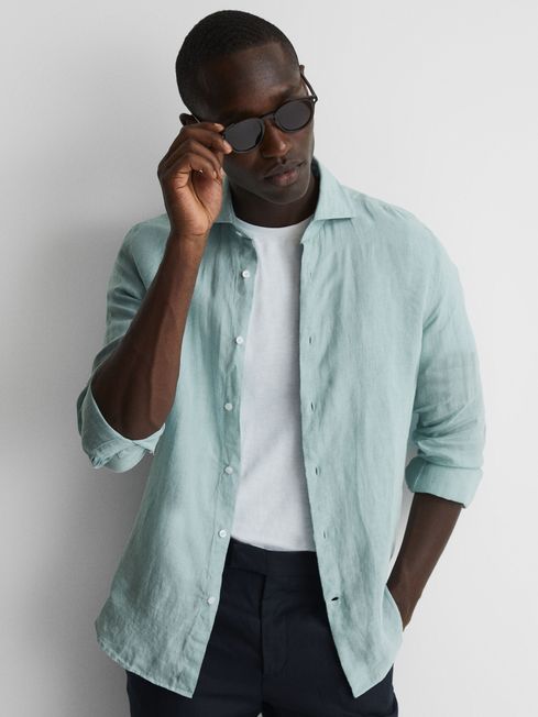 Reiss Aquamarine Ruban Linen Regular Fit Shirt