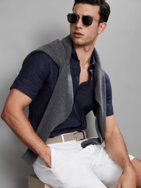 Reiss Navy Holiday Slim Fit Linen Button-Through Shirt