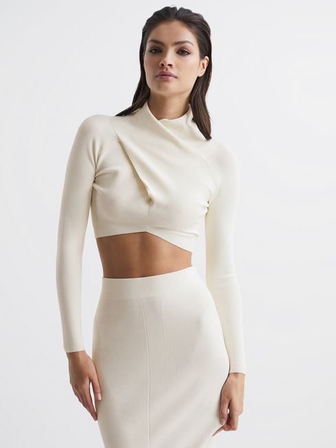 Reiss White Elsie High Neck Cropped Co Ord Top
