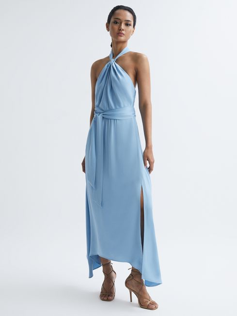 Reiss Blue Evelyn Fitted Halter Neck Midi Dress