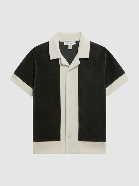 Reiss Green/Ecru Vine Junior Textured Cuban Collar Shirt