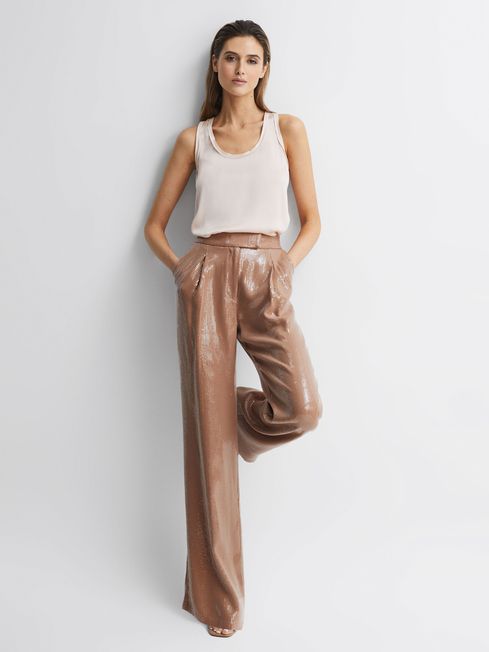 Flared sequined trousers  Light beige  Ladies  HM IN