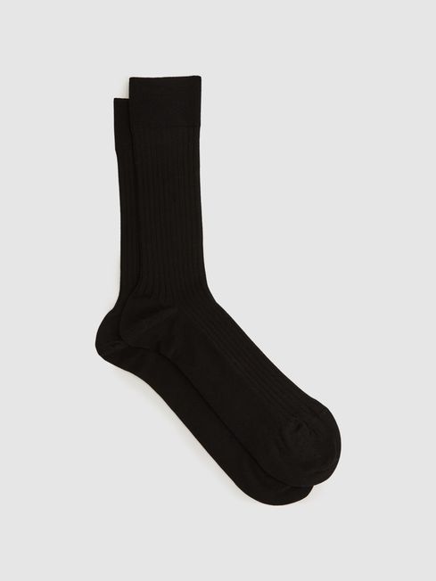 Reiss Black Feli Ribbed Mercerised Cotton Blend Sock
