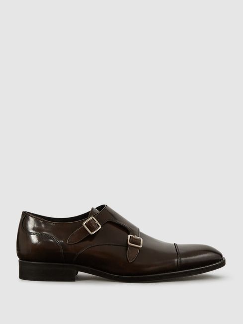 Reiss Brown Rivington Leather Monk Strap Shoes
