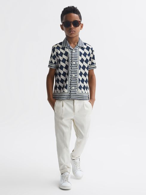 Reiss Navy/Ivory Devaroe Junior Cuban Collar Short Sleeve Shirt