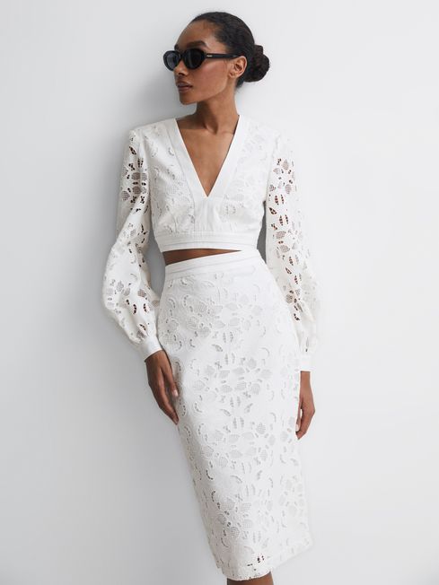 Reiss White Immi Lace Co-ord Pencil Skirt