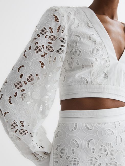 Reiss White Immi Lace Cropped Co-ord Blouse | REISS Netherlands