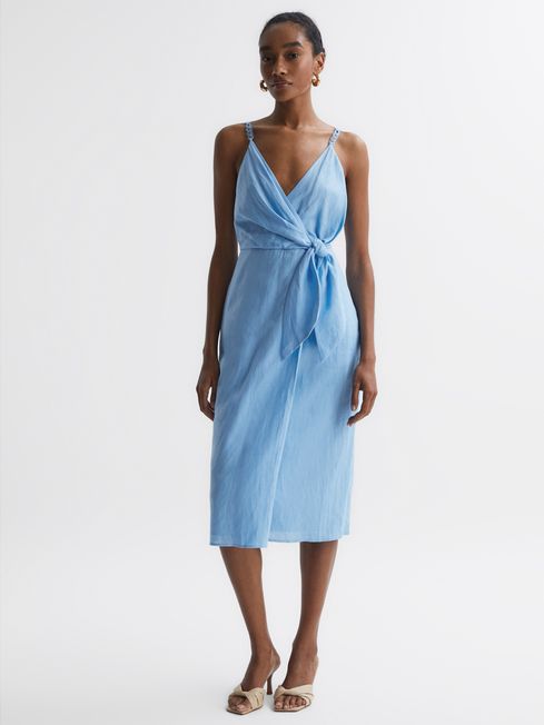Reiss Blue Esme Petite Linen Side Tie Midi Dress