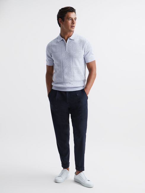 Reiss Soft Blue Mosaic Half Zip Textured Polo Shirt