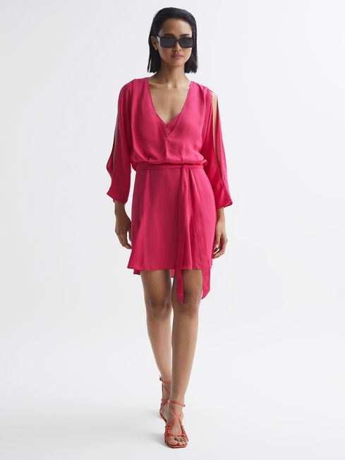 Reiss Bright Pink Anna Open Back Split Sleeve Mini Dress