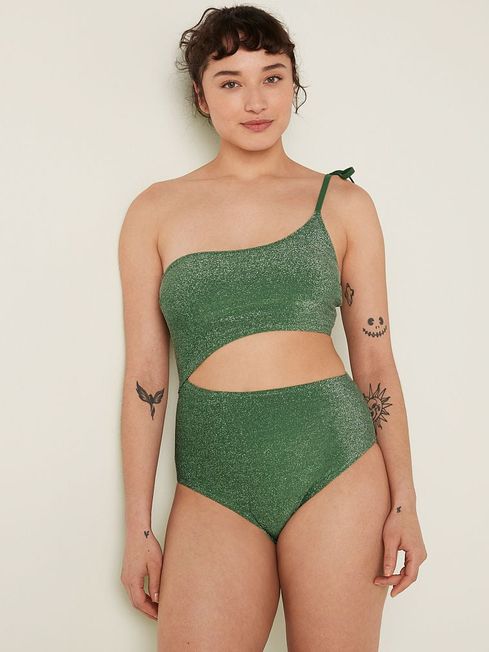 Victoria's Secret PINK Forest Pine Green Shimmer One Shoulder OnePiece Swimsuit