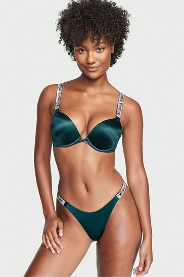 Victoria's Secret Black Ivy Green Smooth Thong Shine Strap Knickers