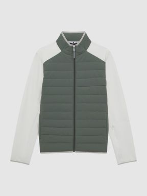 Funnel Neck Hybrid Quilted Jacket in Sage/White