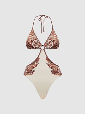 Printed Cut-Out Halter Neck Swimsuit in Tan