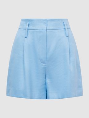 Linen Pleat Front Shorts in Blue