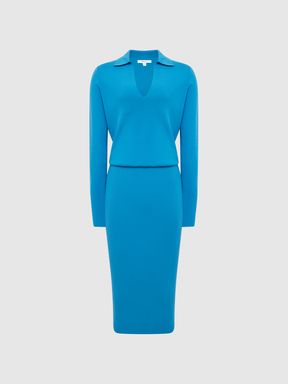 Rib-Knitted Midi Dress in Blue