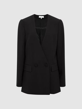 Collarless Double Breasted Suit Blazer in Black