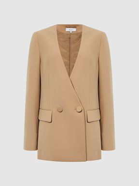 Collarless Double Breasted Suit Blazer in Neutral