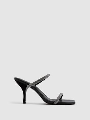 Crystal Mid Heel Sandals in Black