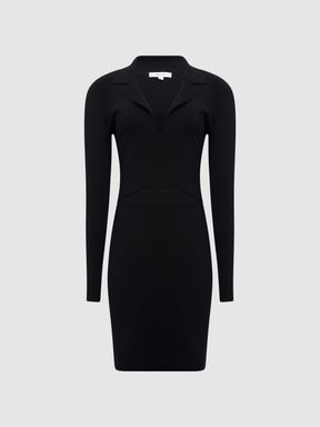 Cut-Out Collared Knitted Bodycon Dress in Black