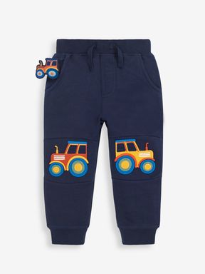 Navy Blue Tractor Appliqué Knee Joggers With Pet In Pocket