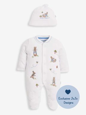 White Peter Rabbit Cotton Embroidered Baby Sleepsuit & Hat Set