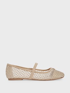 Crystal Detail Mesh Ballet Flats in Nude