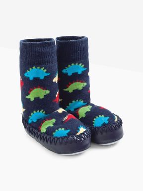 Boys' Dinosaur Moccasin Slipper Socks in Navy