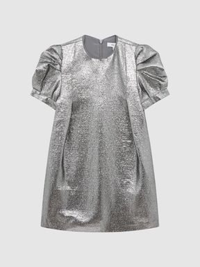 Junior Metallic Shoulder Detail Dress in Silver