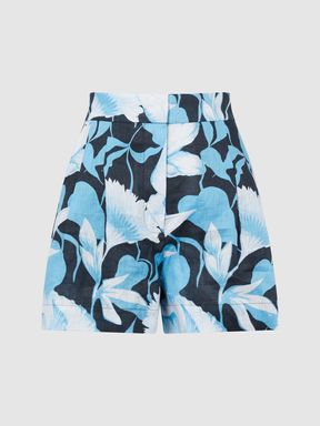 Linen Floral Printed Shorts in Blue Print
