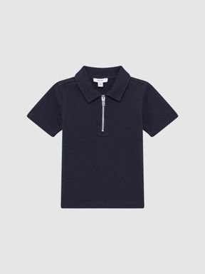 Junior Slim Fit Textured Half Zip Polo Shirt in Navy