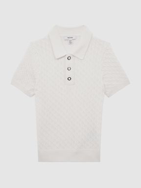 Junior Press Stud Cable Knit Polo Shirt in Ecru