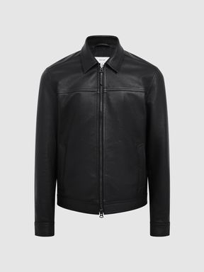 Zip Through Leather Jacket in Black