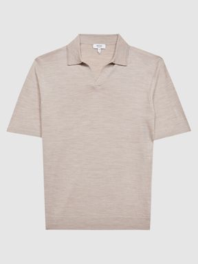 Merino Wool Open Collar Polo Shirt in Wheat Melange