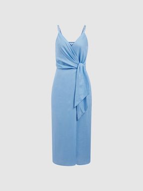 Linen Side Tie Midi Dress in Blue