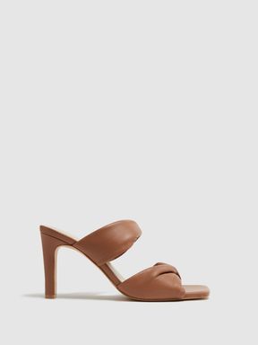 Slip on Leather Sandal Heels in Tan