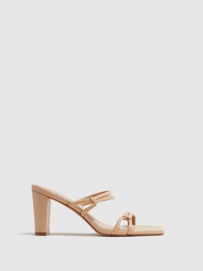 Leather Strappy Block Heels in Almond