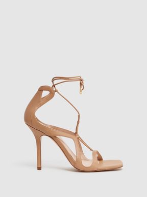 Leather Strappy High Heel Sandals in Biscuit