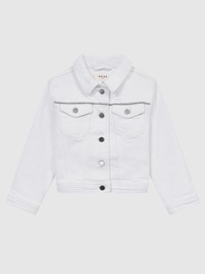 Junior Sparkle Stripe Denim Jacket in White