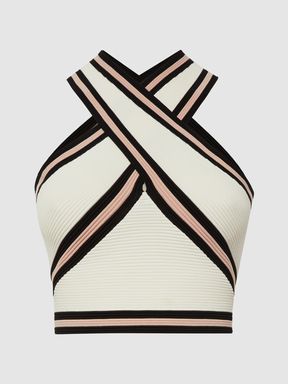 Knitted Halter Neck Colourblock Crop Top in Ivory