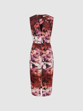 Floral Printed Bodycon Midi Dress in Berry