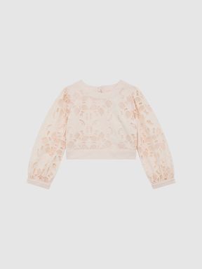 Senior Long Sleeve Lace Cropped Top in Pink